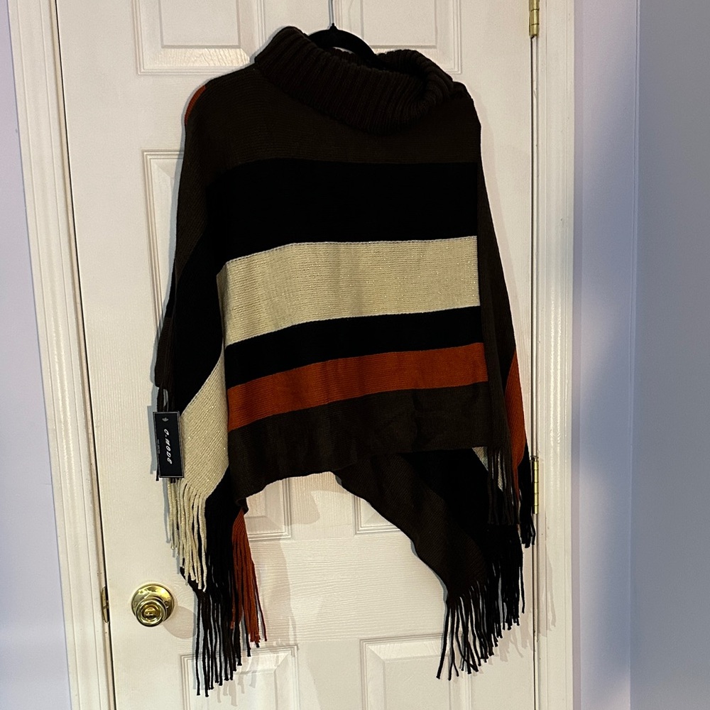NWT- C-MODE PONCHO Striped Fringe Sweater - Brown, Black, Cream, and Orange